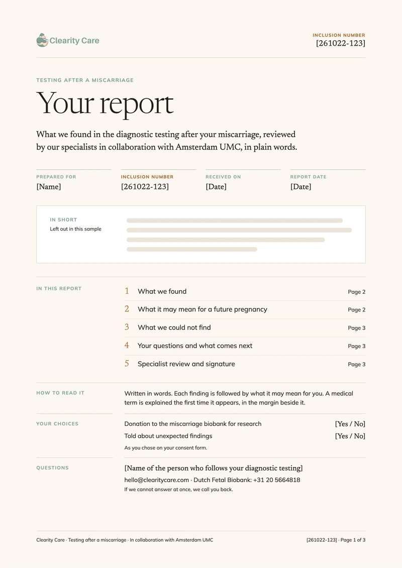 The cover page of a sample report: who it is for, a short summary, the five sections with their pages, and your contact.